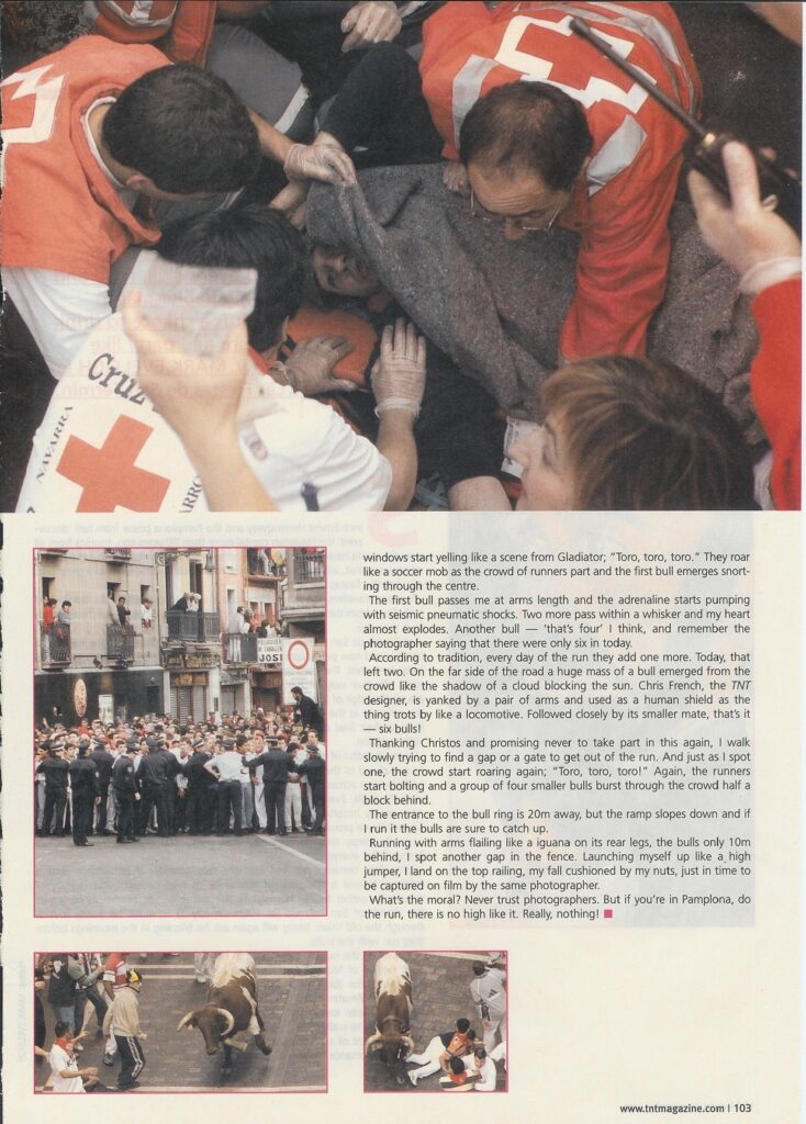 A collage showing Red Cross medics treating an injured person and runners fleeing from bulls in Pamplona's narrow streets