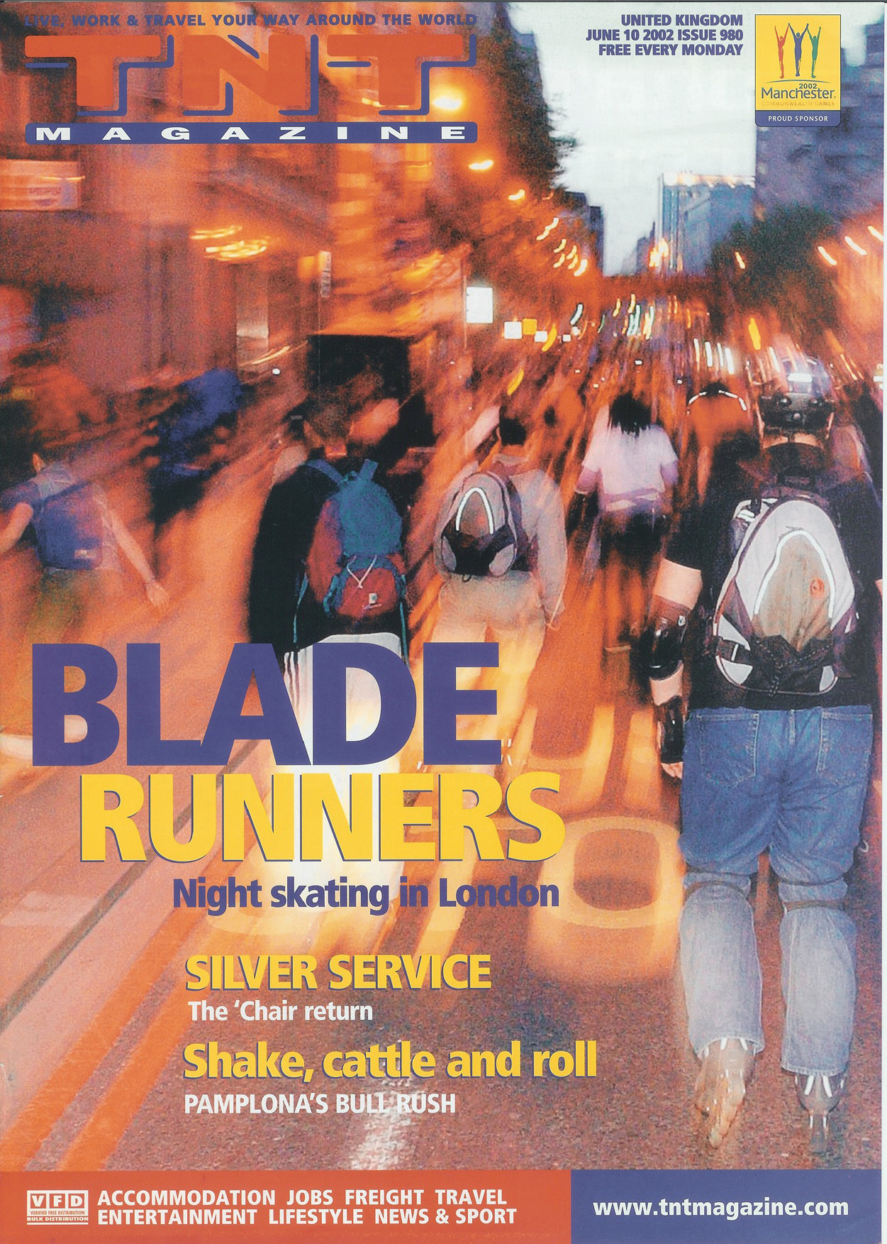 Blurred action shot of people inline skating on a London street at night for TNT Magazine's "Blade Runners" issue.