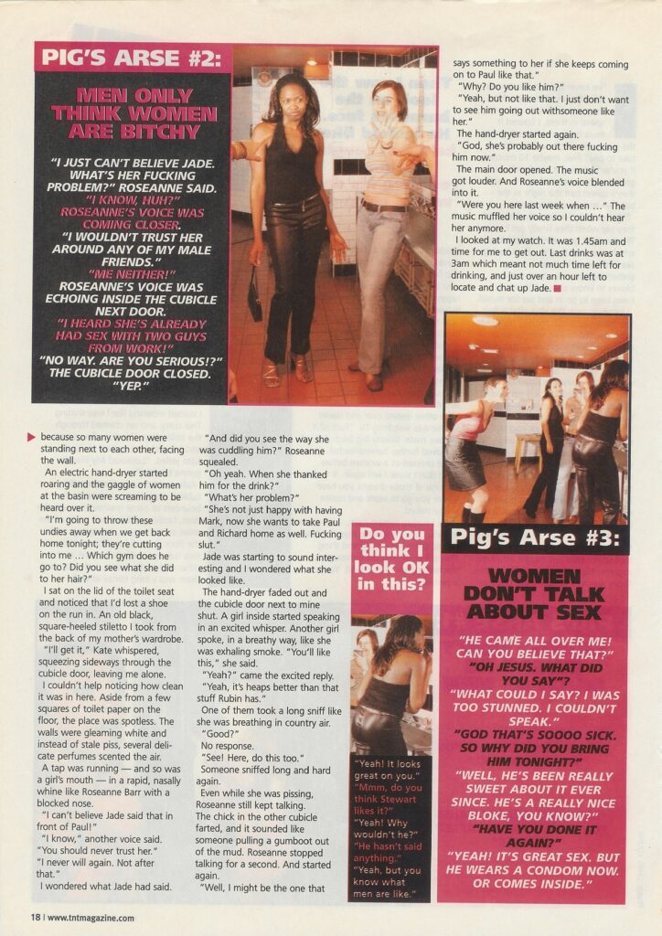 Magazine layout featuring women talking in a restroom and text panels discussing social interactions and sex.