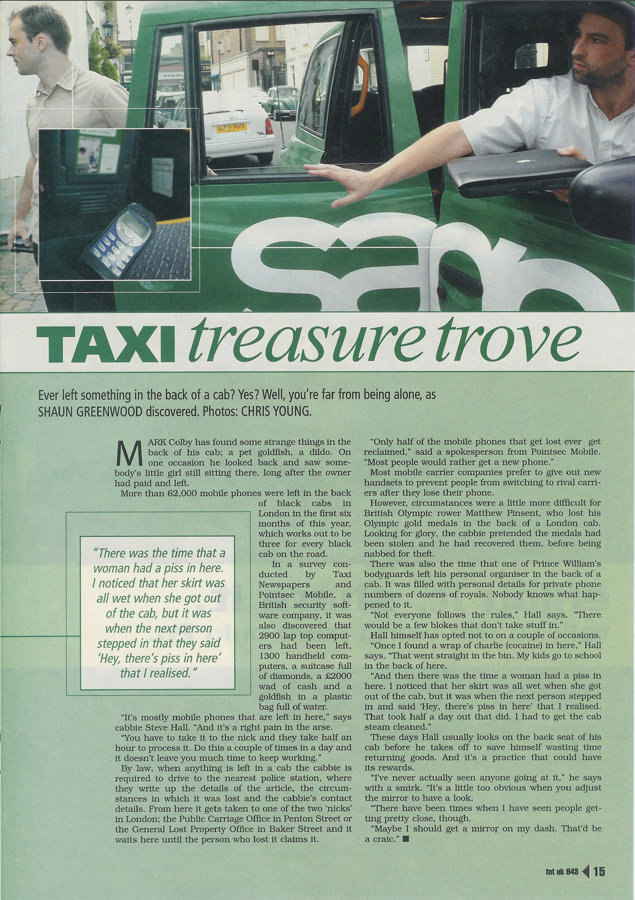 A magazine article titled "TAXI treasure trove" featuring photos of a London cab and lost items like a phone.